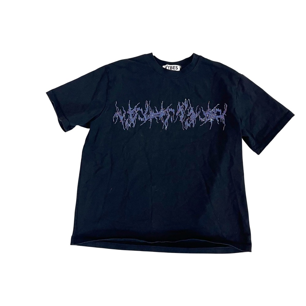 VYBES Rhinestone Graphic Tee Black Oversized Streetwear Unisex Medium